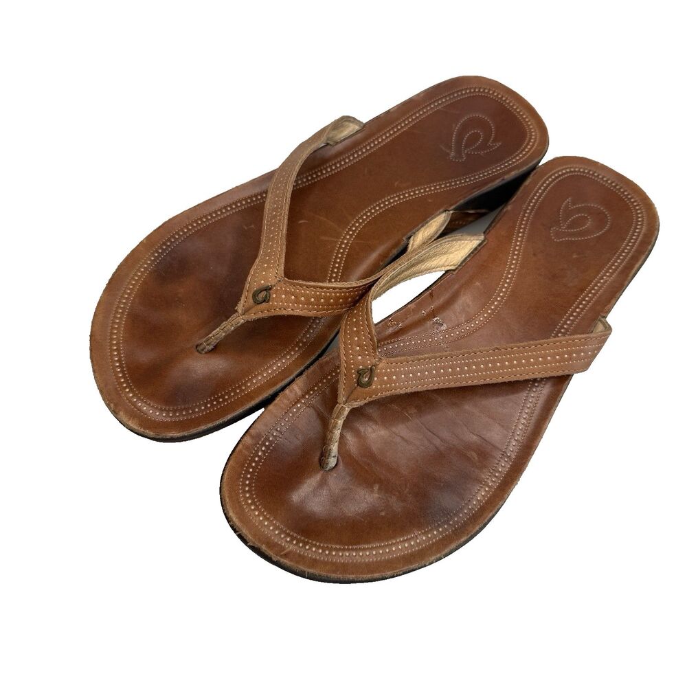 OluKai Women's Sz 9 EU39 Ola-W Wedge Brown Leather Flip Flop Sandals EUC